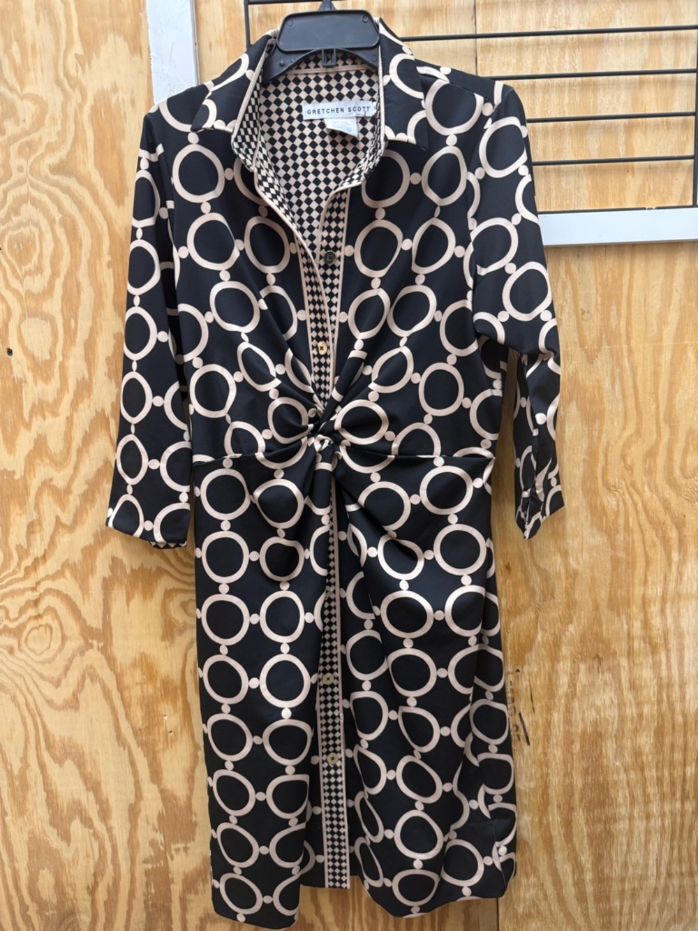 Gretchen Scott Black & Beige Circle Print Knot Front Dress (XL)
